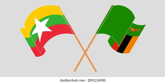 Crossed and waving flags of Myanmar and Zambia. Vector illustration
