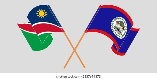 Crossed and waving flags of Namibia and Belize. Vector illustration
