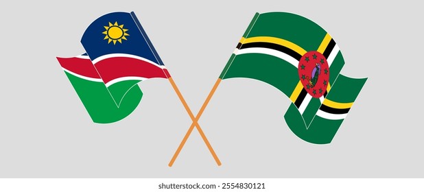Crossed and waving flags of Namibia and Dominica. Vector illustration.
