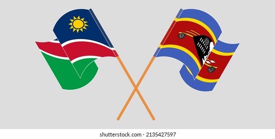 Crossed and waving flags of Namibia and Eswatini. Vector illustration

