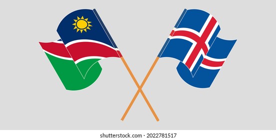 Banderas cruzadas y ondeando banderas de Namibia e Islandia