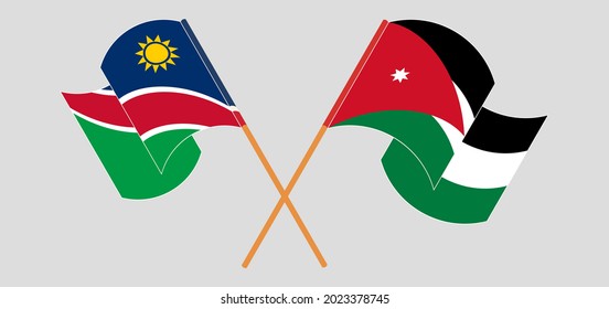 Crossed and waving flags of Namibia and Jordan