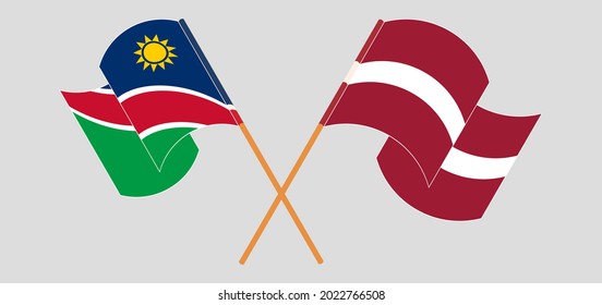 Crossed and waving flags of Namibia and Latvia
