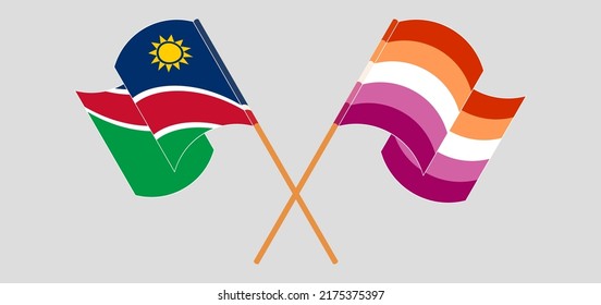 Crossed and waving flags of Namibia and Lesbian Pride. Vector illustration
