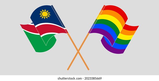 Crossed and waving flags of Namibia and LGBTQ