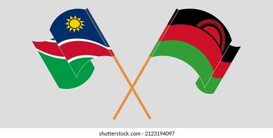 Crossed and waving flags of Namibia and Malawi. Vector illustration
