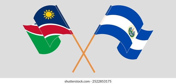 Crossed and waving flags of Namibia and Republic of El Salvador. Vector illustration.
