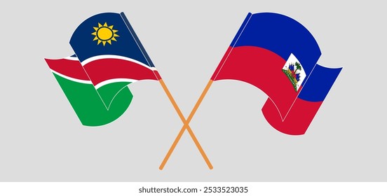 Bandeiras cruzadas e acenando da Namíbia e da República do Haiti. Ilustração vetorial.
