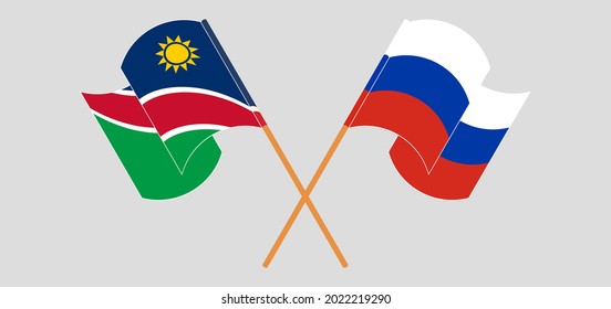 Gekreuzte und wehende Flaggen Namibias und Russlands