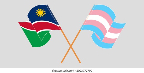 Crossed and waving flags of Namibia and transgender pride