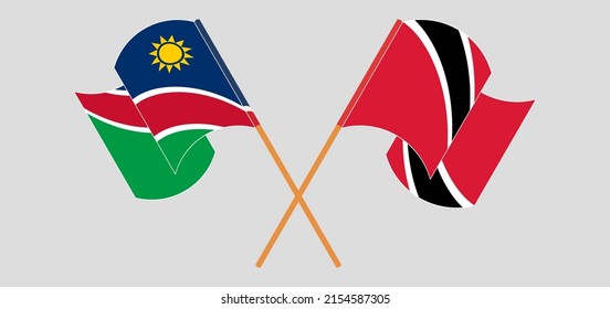 Überquerte und wehende Flaggen von Namibia, Trinidad und Tobago. Vektorgrafik

