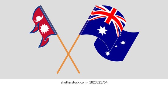 Crossed and waving flags of Nepal and Australia. Vector illustration
