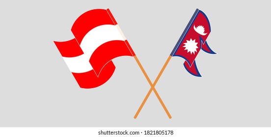 Crossed and waving flags of Nepal and Austria