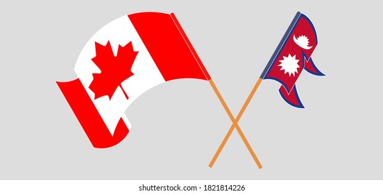 Crossed and waving flags of Nepal and Canada