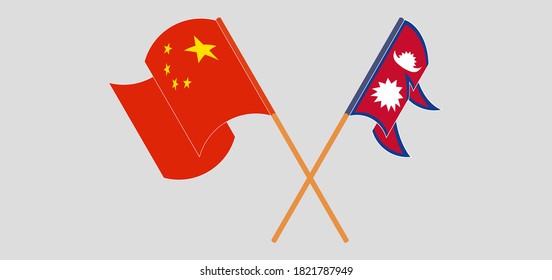 Crossed and waving flags of Nepal and China.