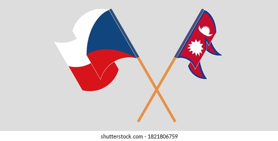 Banderas cruzadas y ondeando banderas de Nepal y la República Checa