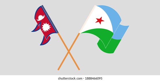 Crossed and waving flags of Nepal and Djibouti