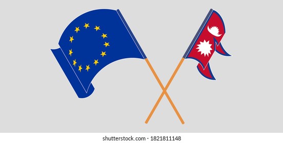 Crossed and waving flags of Nepal and the EU