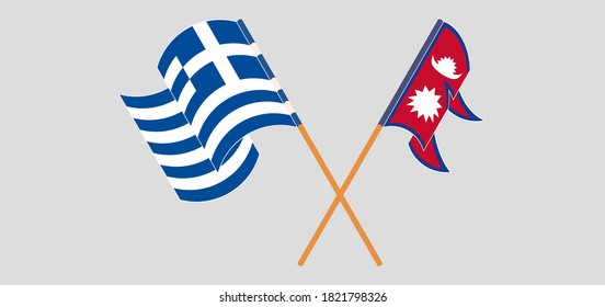 Crossed and waving flags of Nepal and Greece