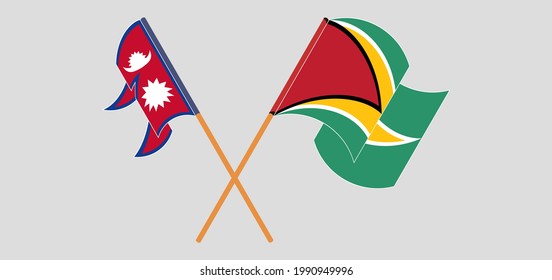 Crossed and waving flags of Nepal and Guyana