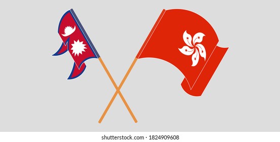 Crossed and waving flags of Nepal and Hong Kong. Vector illustration
