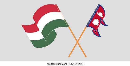 Crossed and waving flags of Nepal and Hungary