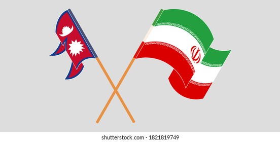 Crossed and waving flags of Nepal and Iran