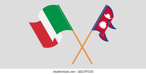 Crossed and waving flags of Nepal and Italy