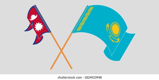 Crossed and waving flags of Nepal and Kazakhstan. Vector illustration
