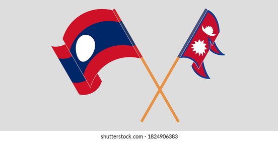 Cruzada y ondeando banderas de Nepal y Laos. Ilustración del vector
