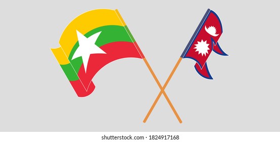 Crossed and waving flags of Nepal and Myanmar. Vector illustration
