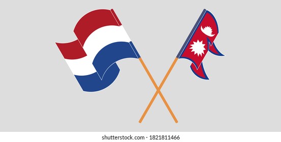 Banderas cruzadas y ondeando banderas de Nepal y los Países Bajos