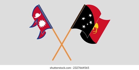 Crossed and waving flags of Nepal and Papua New Guinea. Vector illustration
