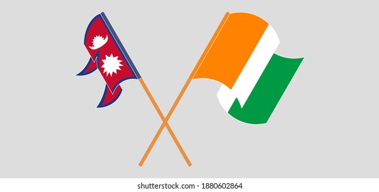Crossed and waving flags of Nepal and Republic of Ivory Coast