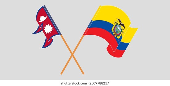 Bandeiras cruzadas e acenando do Nepal e da República do Equador. Ilustração vetorial
