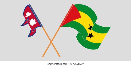 Crossed and waving flags of Nepal and Sao Tome and Principe