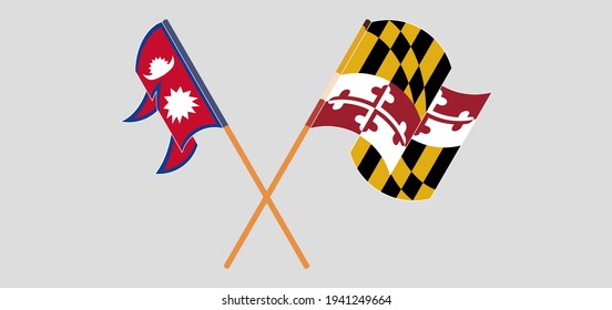 Crossed and waving flags of Nepal and the State of Maryland