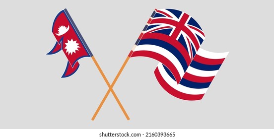 Crossed and waving flags of Nepal and The State Of Hawaii. Vector illustration
