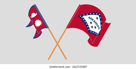 Crossed and waving flags of Nepal and The State of Arkansas. Vector illustration
