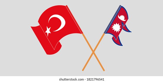 Crossed and waving flags of Nepal and Turkey