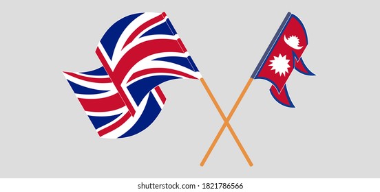 Crossed and waving flags of Nepal and the UK
