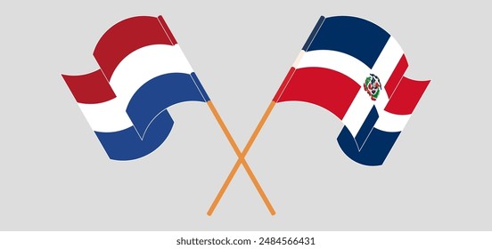 Crossed and waving flags of the Netherlands and Dominican Republic. Vector illustration
