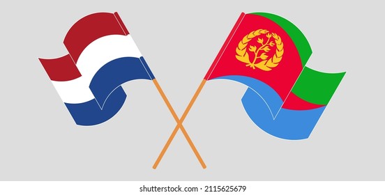 Crossed and waving flags of the Netherlands and Eritrea. Vector illustration
