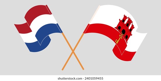 Crossed and waving flags of the Netherlands and Gibraltar. Vector illustration
