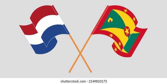 Crossed and waving flags of the Netherlands and Grenada. Vector illustration
