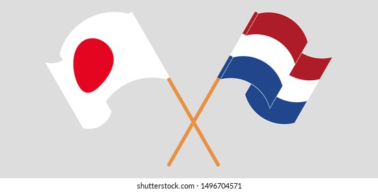 Crossed and waving flags of Netherlands and Japan. Vector illustration
