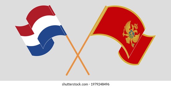 Crossed and waving flags of the Netherlands and Montenegro