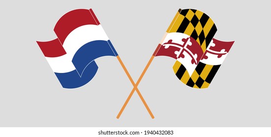 Crossed and waving flags of the Netherlands and the State of Maryland