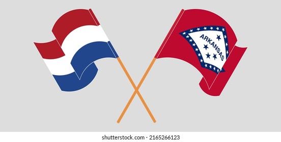 Überquerte und schwellende Flaggen der Niederlande und des Bundesstaates Arkansas. Vektorgrafik

