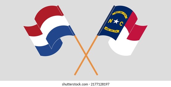 Crossed and waving flags of the Netherlands and The State of North Carolina. Vector illustration
